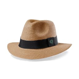 A tan brimmed hat with a black band and a logo, designed as a stylish accessory for headwear.