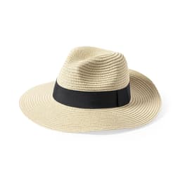 A straw hat with a wide brim and a black band, featuring a textured design. It has a logo on the side.