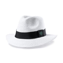 A white brimmed hat with a black band and a logo. Suitable for headwear.