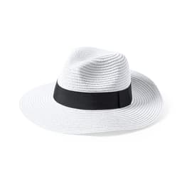 A white brimmed hat with a black band, featuring a textured weave design. It has a relaxed, casual style.