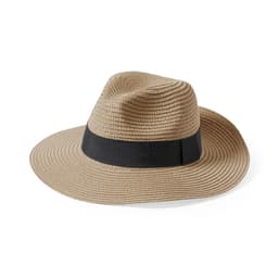 A straw hat in tan with a black band, featuring a wide brim and structured design. Includes a logo.