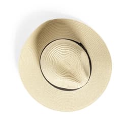 A wide-brimmed straw hat in a light beige colour with a black band. It features a textured design and has a logo.
