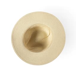 A beige brimmed hat with a round shape and a textured woven design, featuring a small logo inside.