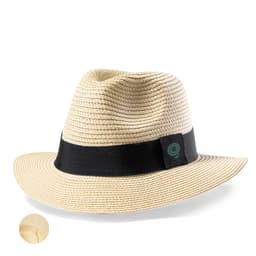 A beige brimmed hat with a black band and a circular logo. Textured straw material with a flexible shape.