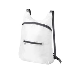 A white foldable drawstring bag with a front zipper pocket and grey straps, featuring a logo.