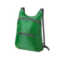 A green foldable drawstring bag with adjustable straps and a front zip pocket. It features a logo.