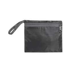 A grey foldable drawstring bag with a zippered pocket and a wrist strap, featuring a logo.
