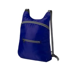 A blue foldable drawstring bag featuring multiple zippered pockets and adjustable straps. It has a logo on the side.