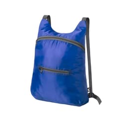 A blue foldable drawstring bag featuring a front zip pocket and grey straps, with a logo on the side.
