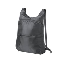 A grey foldable drawstring bag with adjustable straps and a zipped front pocket, featuring a logo.