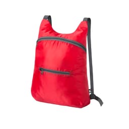 A red foldable drawstring bag with adjustable straps and two zippered pockets, featuring a logo on the side.