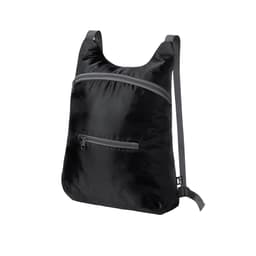 A black foldable drawstring bag with adjustable straps and a front zip pocket. Features a small logo.