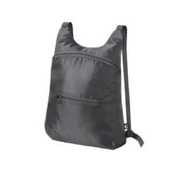 A grey foldable drawstring bag with a front zip pocket and two adjustable straps. It features a logo.