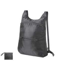 A grey foldable drawstring bag with adjustable straps and a front zip pocket, featuring a logo.