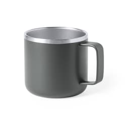 A travel mug in a dark grey colour with a silver rim and a sturdy handle. It features a logo.