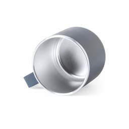 A travel mug in grey with a sleek design and a handle, featuring a metallic interior and a minimalist appearance.