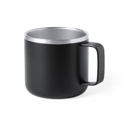 A travel mug in matte black with a metallic silver rim and a sturdy handle. It features a branding logo.
