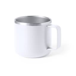 A white travel mug with a stainless steel inner lining and a sturdy handle, featuring a logo.