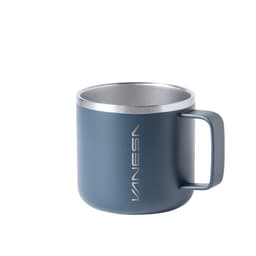 A travel mug with a matte blue exterior and a stainless steel interior, featuring a handle and a logo.