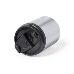 An insulated travel mug in silver and black, featuring a flip lid and a sleek design.