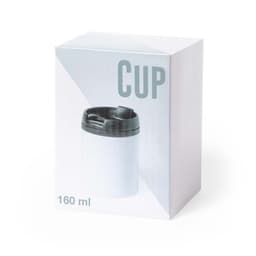 A drink bottle in a white box featuring a black lid, labelled as a 160 ml insulated cup.