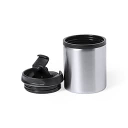 A stainless steel insulated cup in silver with a black lid, featuring a logo. Ideal for travel.
