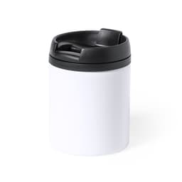 A drink bottle with a white exterior and a black lid, featuring a logo on the front.