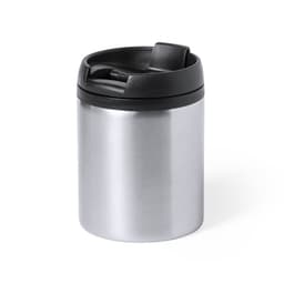 A drink bottle featuring a stainless steel body and a black lid, with a logo on it. Ideal for travel.