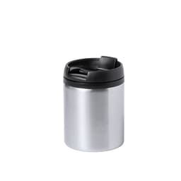 A travel mug featuring a stainless steel body and a black lid, including a logo on the surface.