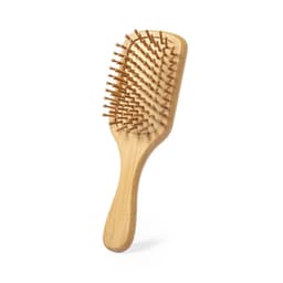A wooden hairbrush with a bamboo handle and rounded wooden bristles. It features a branded logo on the handle.