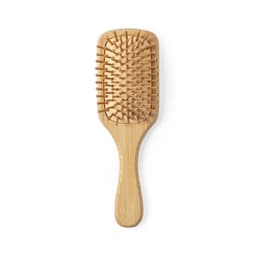 A bamboo hairbrush with a wide paddle design and wooden bristles, featuring a smooth handle. Includes a logo.