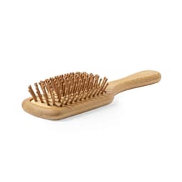 A wooden hairbrush with a wide paddle and rounded bristles, featuring a natural finish and an ergonomic handle.