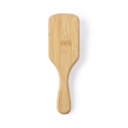 A bamboo hairbrush with a smooth, flat surface and a rounded handle, featuring a natural finish.
