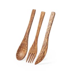 A cutlery set featuring a spoon, fork, and knife, crafted from a textured, brown wood.