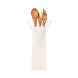 A cutlery set featuring wooden spoon, fork, and knife, stored in a natural fabric pouch.