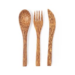 A cutlery set featuring a wooden spoon, fork, and knife in a natural brown finish with unique grain patterns.