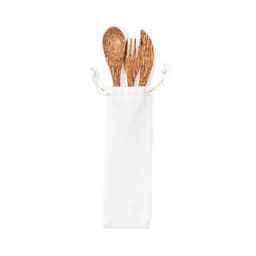 A cutlery set featuring bamboo utensils—two spoons, a fork, and a knife—packaged in a white fabric pouch.