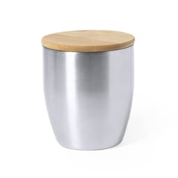 A stainless steel insulated cup with a bamboo lid, perfect for travel and outdoor use. Features a simple design and a logo.