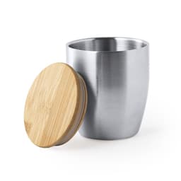 A drink bottle featuring a stainless steel body with a bamboo lid, showcasing a sleek and modern design.