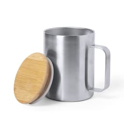 A drink mug with a stainless steel body and a wooden lid, featuring a sturdy handle.