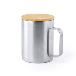 A stainless steel insulated mug with a bamboo lid and a sturdy handle. Features a sleek, modern design.