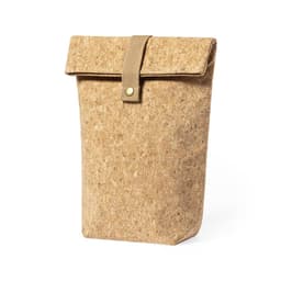 A cork insulated bag with a fold-over top and strap closure, featuring a natural tan colour. It has a simple logo.