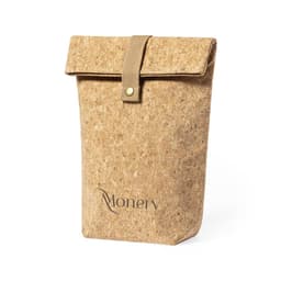 A brown insulated cooler bag made from cork, featuring a fold-over top and a branding logo.