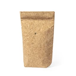 A textured, light brown insulated bag with a fold-over top and a snap closure, featuring a logo.