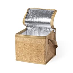 A cooler bag featuring a tan cork exterior and a reflective silver interior, with a zip closure and handle.