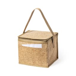 A square cooler bag in natural colours with a top zipper and a side pocket, featuring a handle and logo branding.