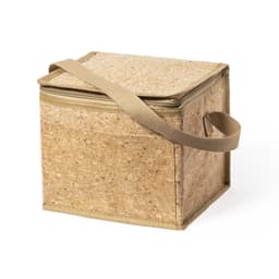 A square, tan cooler bag made of cork with a zip closure and an adjustable strap.