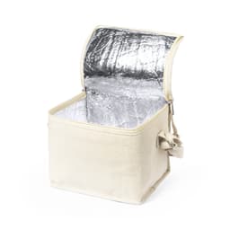 A cream-coloured cooler bag with a silver insulated interior, featuring a zip and a carry handle.