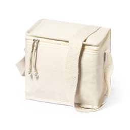 A cream-coloured cooler bag with a zippered top and adjustable shoulder strap. It features a logo on the front.