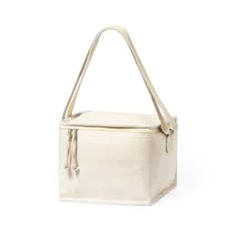A cooler bag in a light beige colour with a zip closure and a shoulder strap. It includes a logo on the side.